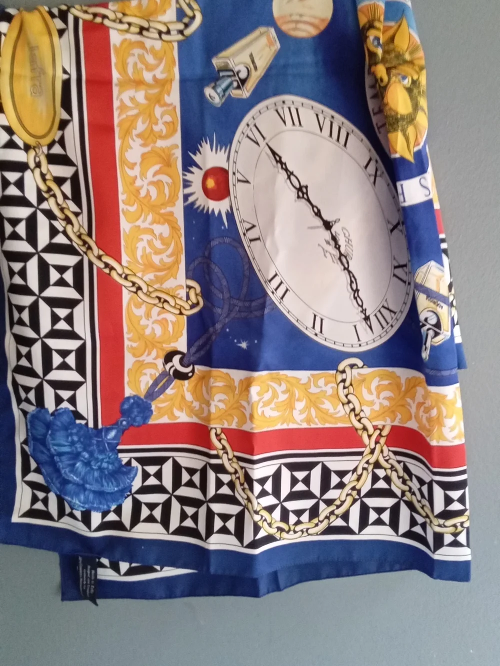 Vintage Jafra Cosmetics Italy Silk Scarf Blue Red Gold Nautical Clock Tassel